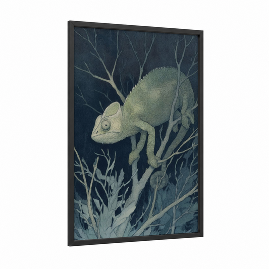 Twilight Chameleon framed art print — black wood frame — dark blue and sage green palette