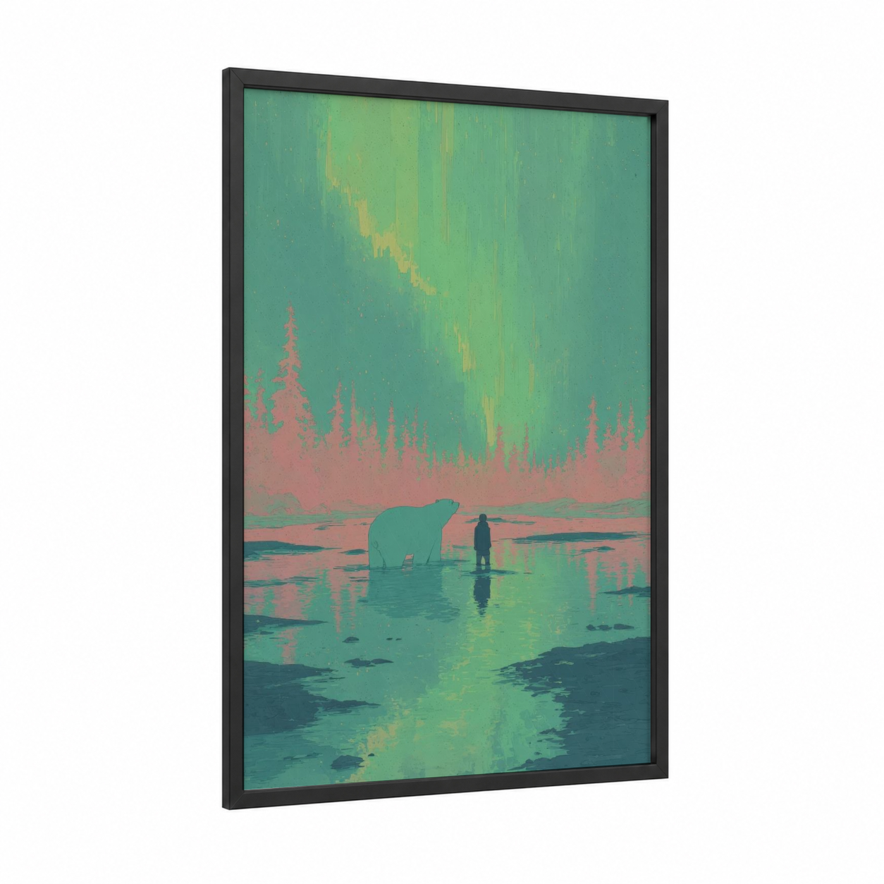 Arctic Swimmer framed swimming print — black wood frame — teal and salmon pink palette