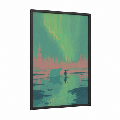 Arctic Swimmer framed swimming print — black wood frame — teal and salmon pink palette