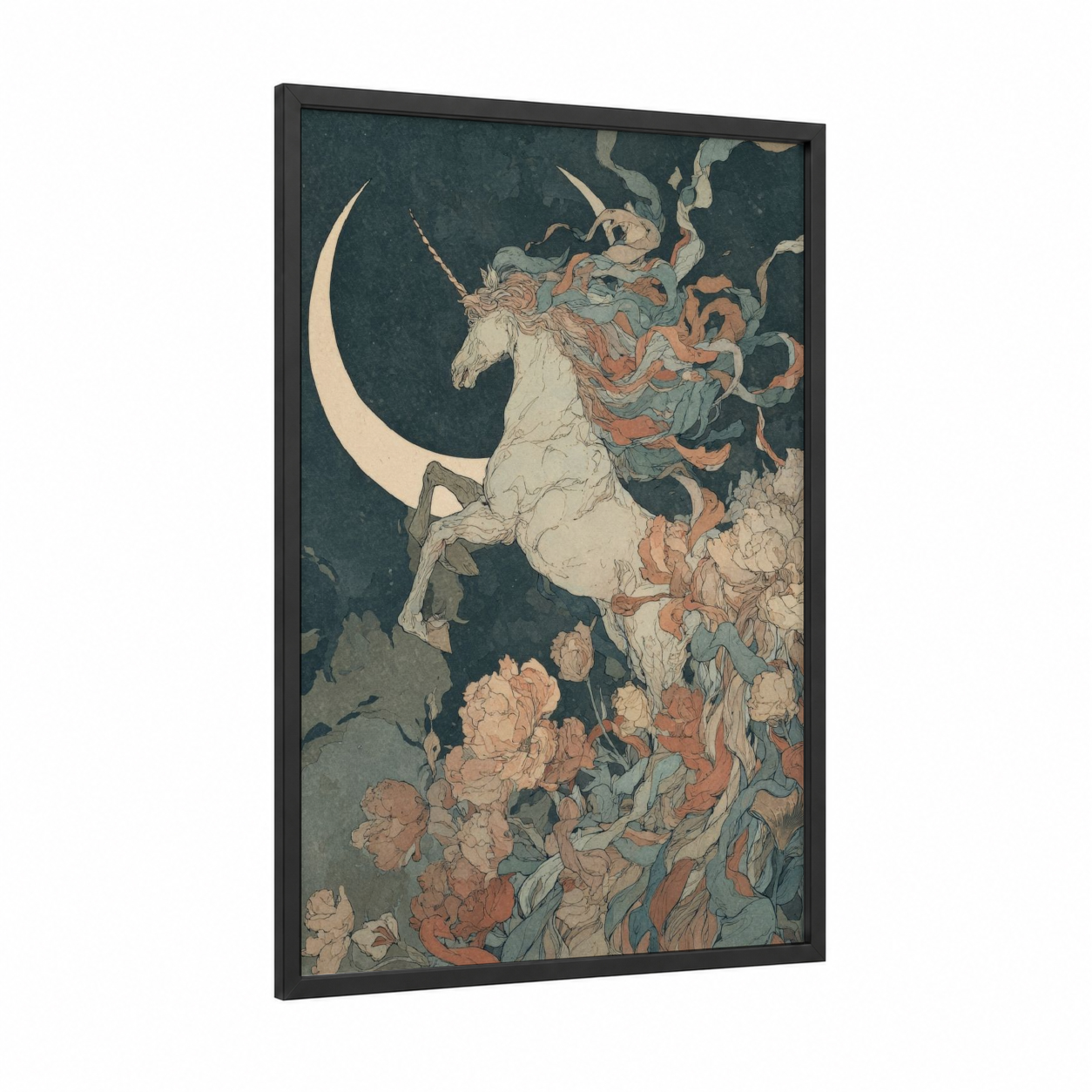 Moonlit Unicorn framed unicorns print — black wood frame — teal and cream palette