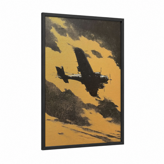 Golden Hour Bomber framed vintage airplane print — black wood frame — yellow gold and black palette