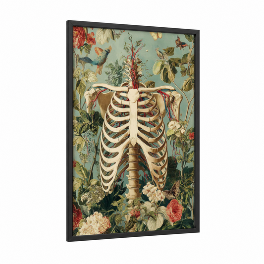 Botanical Skeleton framed skull print — black wood frame — sage green and cream palette