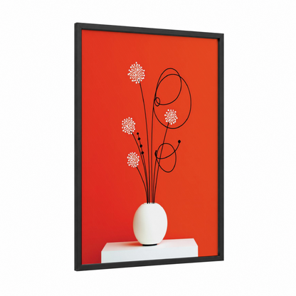 Modern Floral Arrangement framed abstract flower print — black wood frame — red and white palette