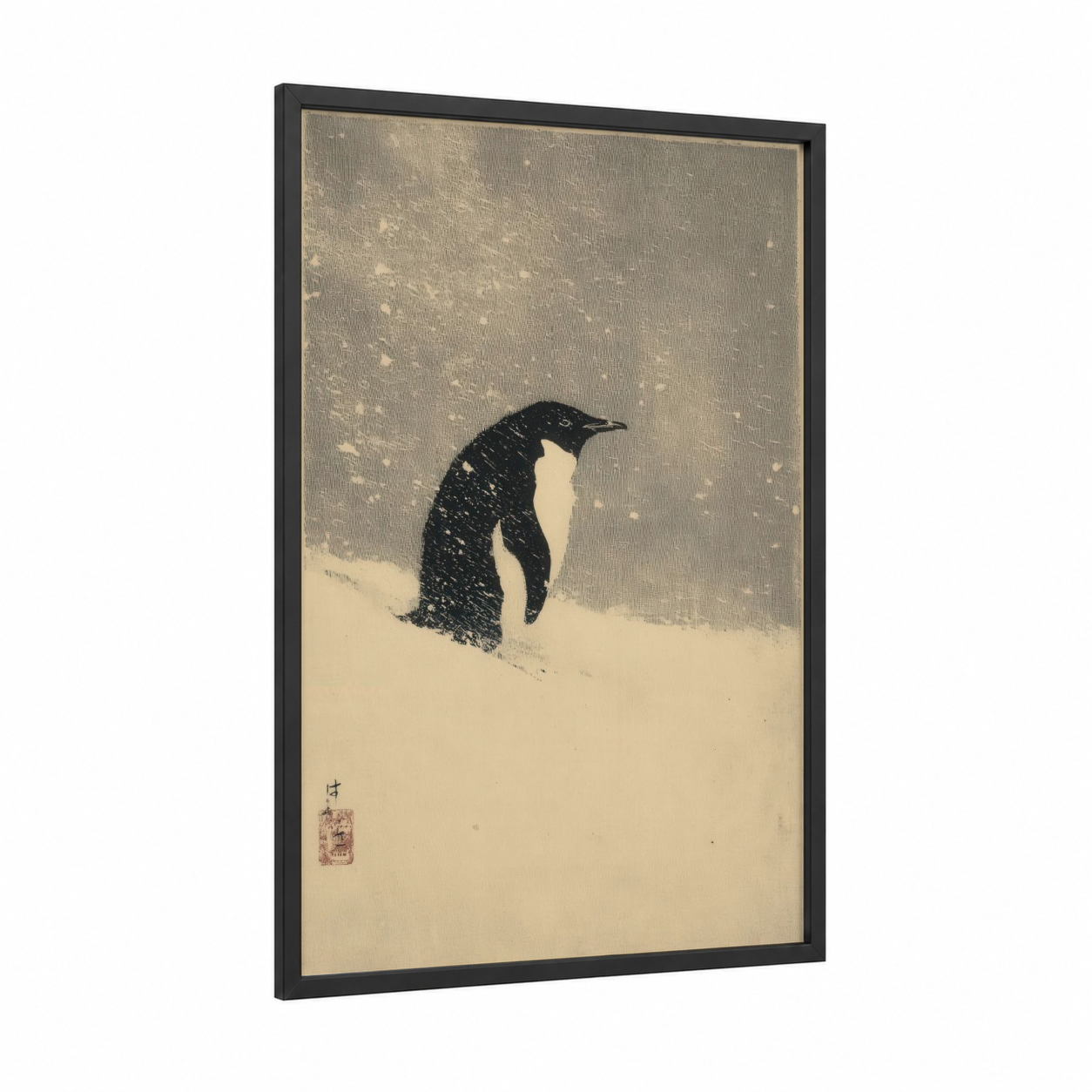 Snowy Penguin framed art print — black wood frame — black and white and cream palette