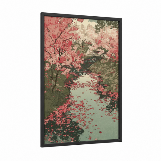Cherry Blossom River framed rivers print — black wood frame — pink and sage green palette