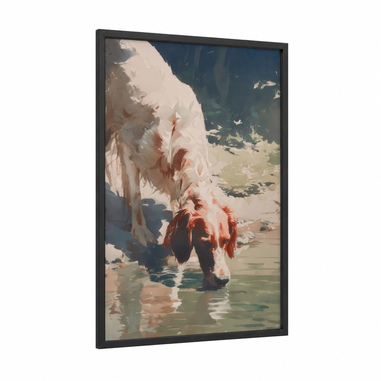 Lakeside Setter framed art print — black wood frame — cream and dove gray palette