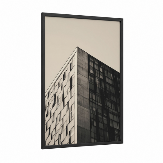 Urban Corner framed abstract architecture print — black wood frame — black and white and gray palette