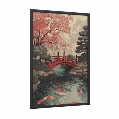 Cherry Blossom Bridge framed island print — black wood frame — salmon pink and teal palette