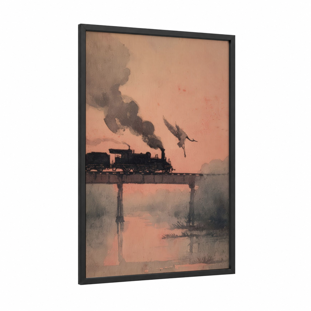Vintage Train Sunset framed art print — black wood frame — peach and gray palette