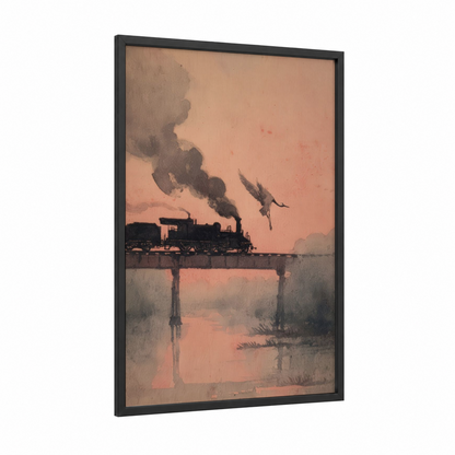 Vintage Train Sunset framed art print — black wood frame — peach and gray palette