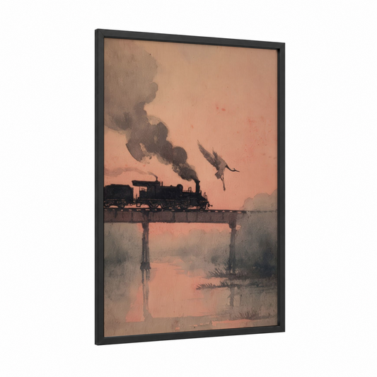 Vintage Train Sunset framed art print — black wood frame — peach and gray palette