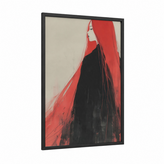 Crimson Hair Portrait framed art print — black wood frame — red and black palette