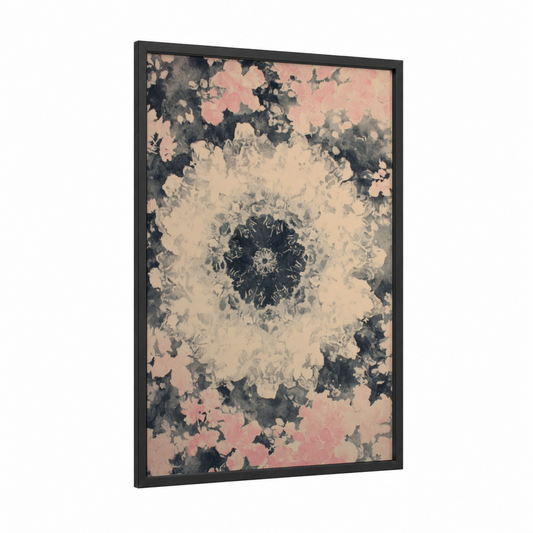 Celestial Burst Star framed art print — black wood frame — pink and gray and white palette