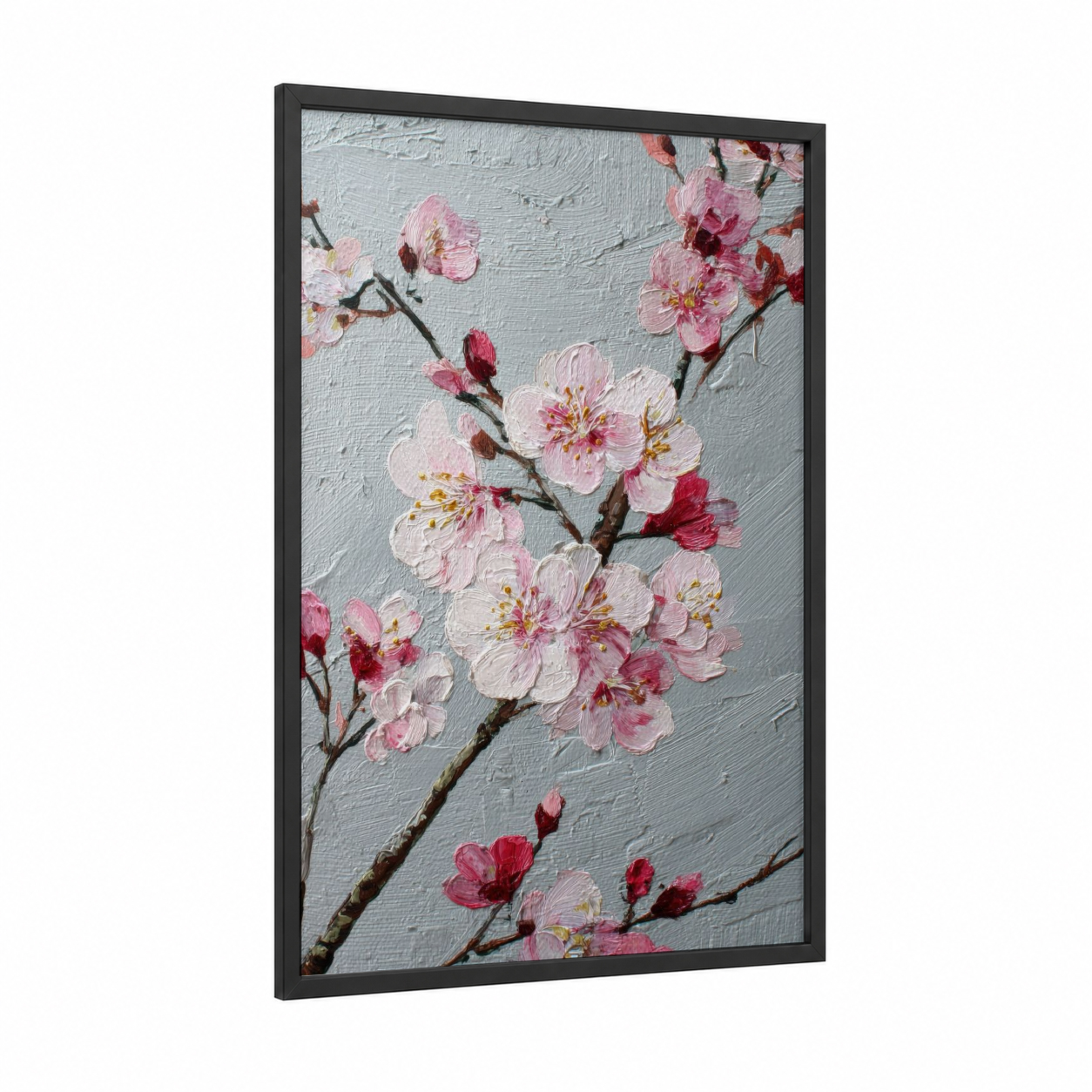 Spring Cherry Blossoms framed art print — black wood frame — pink and gray palette