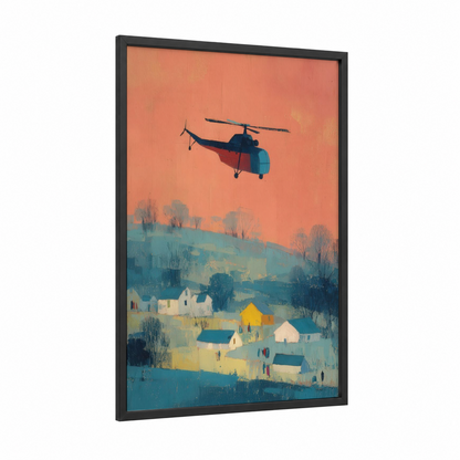 Sunset Helicopter framed art print — black wood frame — peach and teal palette