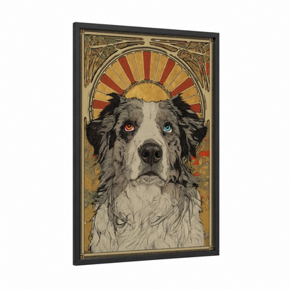 Mystic Shepherd framed shepherd dogs and collies print — black wood frame — gold and black and white palette
