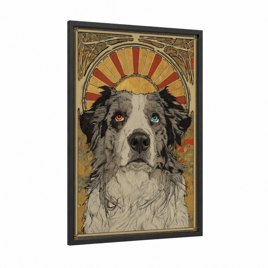 Mystic Shepherd framed shepherd dogs and collies print — black wood frame — gold and black and white palette