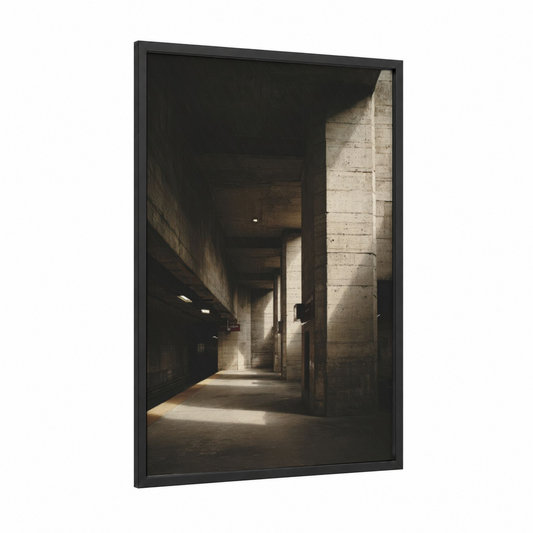 Concrete Underpass framed subway print — black wood frame — gray and white and espresso palette