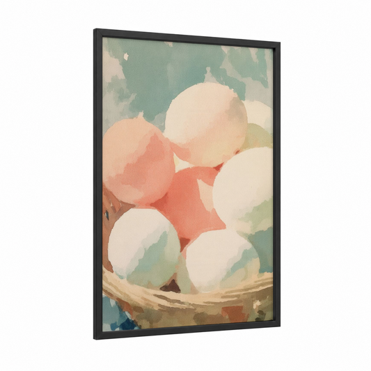 Pastel Easter Nest framed art print — black wood frame — cream and sage green palette