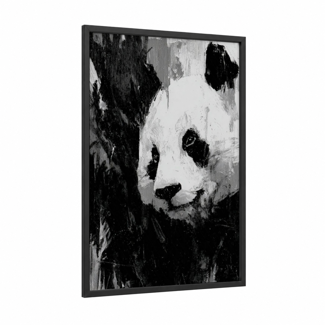 Contemplative Panda framed art print — black wood frame — black and white palette