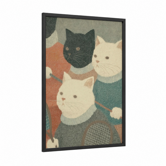 Cozy Cat Trio framed tennis print — black wood frame — beige and sage green palette