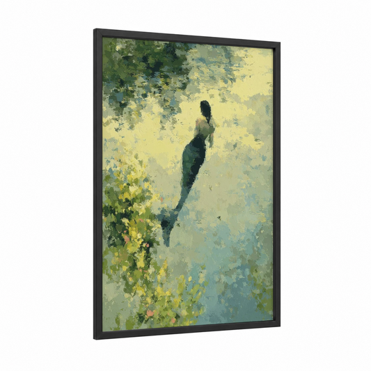 Garden Mermaid framed art print — black wood frame — light green and yellow palette