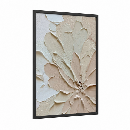 Cream Petals framed abstract minimalist print — black wood frame — cream and white palette