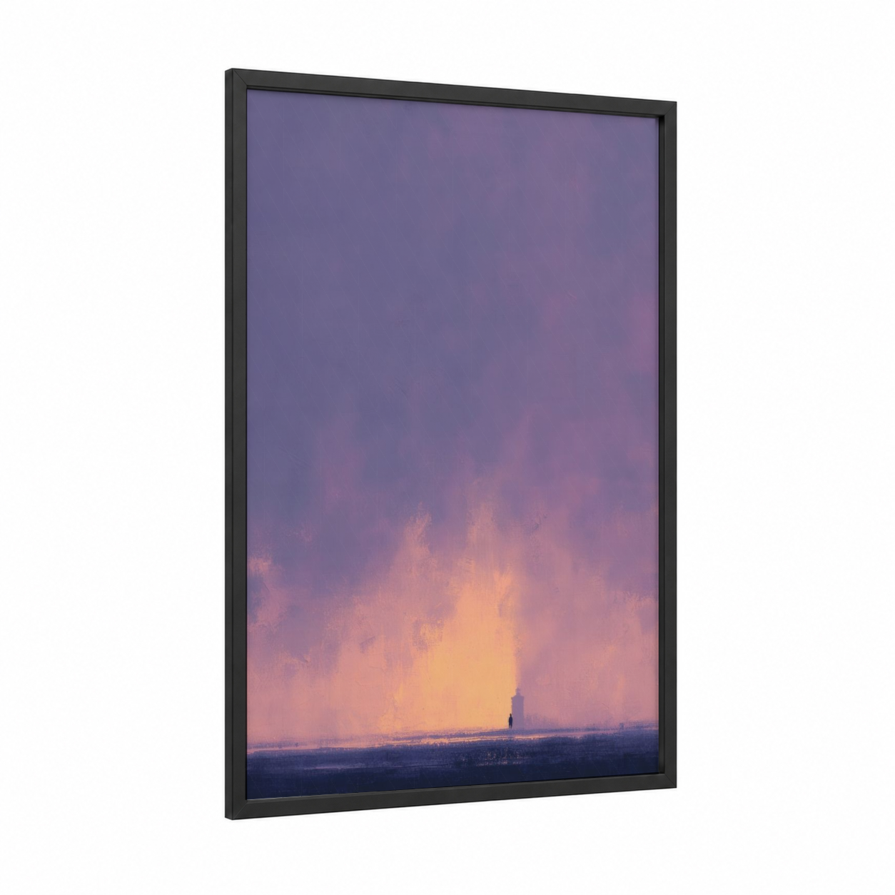 Golden Lighthouse Dawn framed art print — black wood frame — purple and gold palette