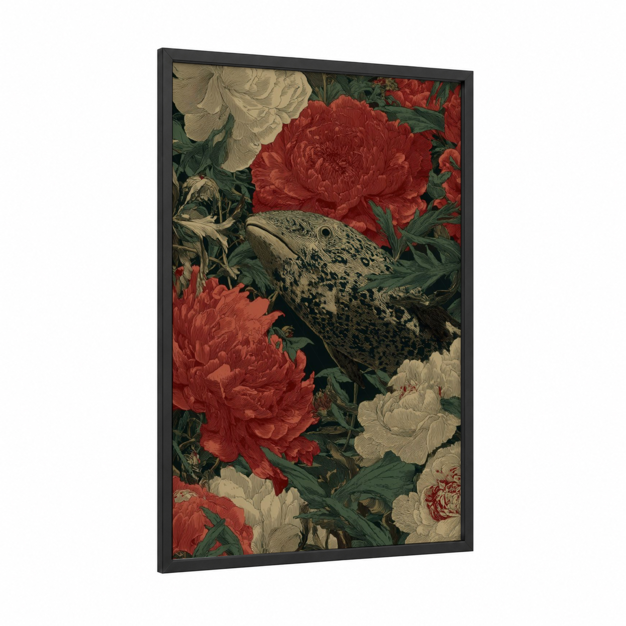 Narwhal Garden framed art print — black wood frame — red and cream palette