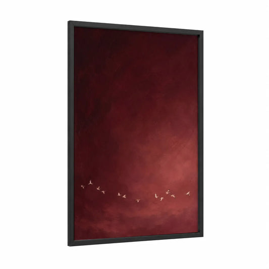 Crimson Sky Birds in Flight Wall Art framed art print — black wood frame — maroon and red palette
