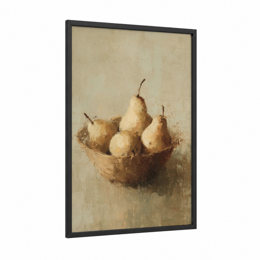 Golden Pears Still Life framed fruit print — black wood frame — cream and brown palette