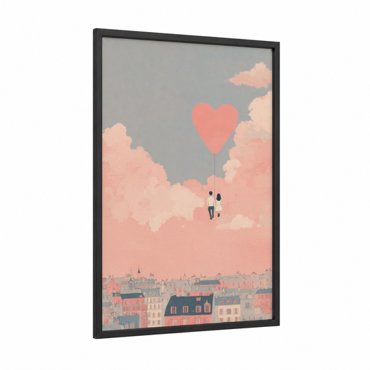 Cloudborne Romance framed valentine's day print — black wood frame — salmon pink and dove gray palette