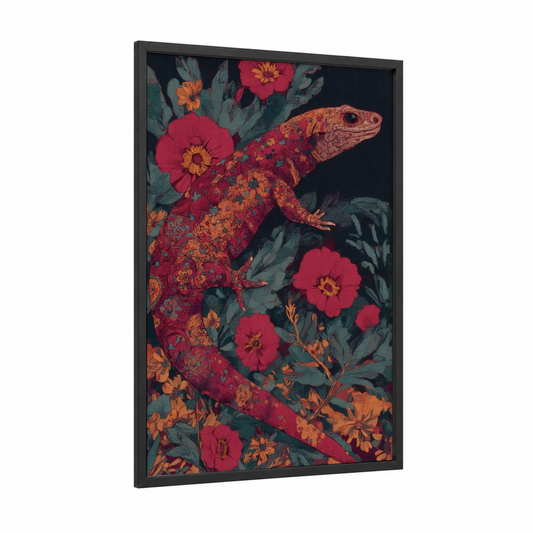 Crimson Floral Lizard framed art print — black wood frame — red and gold palette