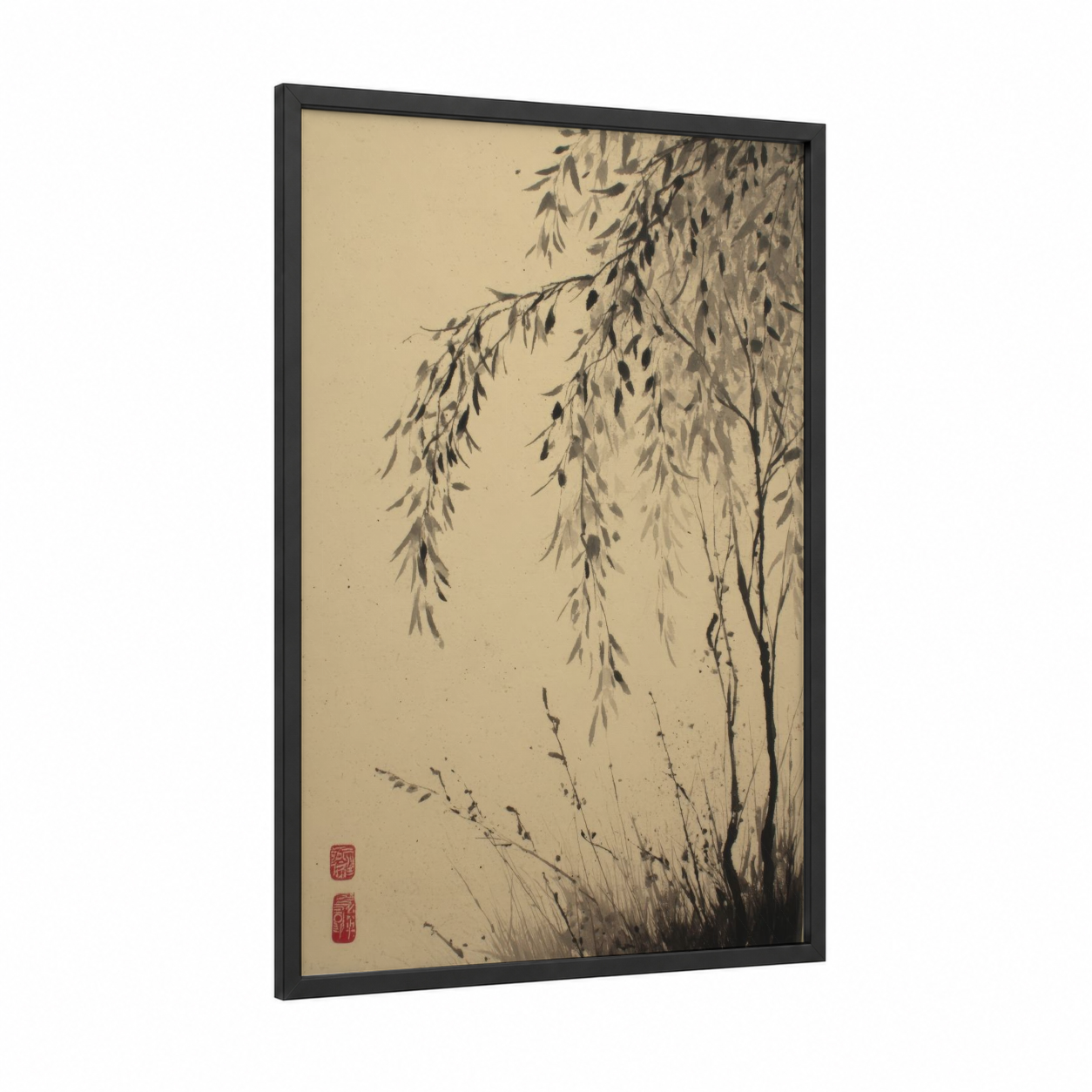 Willow Serenity framed leaf print — black wood frame — black and white and cream palette