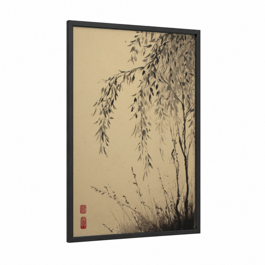 Willow Serenity framed leaf print — black wood frame — black and white and cream palette