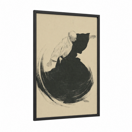 Dynamic Throw framed jiu jutsu print — black wood frame — black and white palette