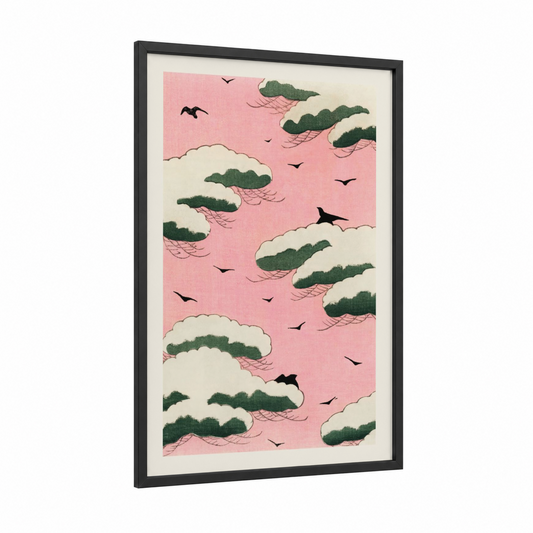 Pink Dawn Flight framed morning sky print — black wood frame — pink and dark green palette