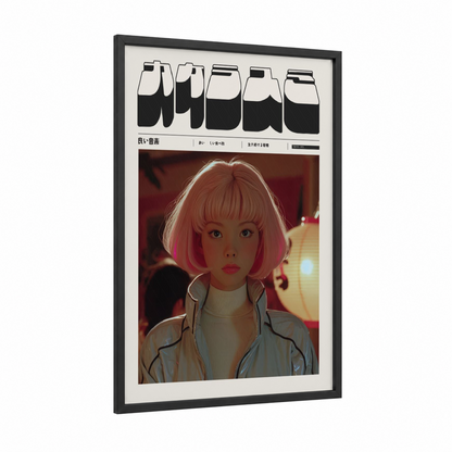 Neon Protagonist framed anime and manga print — black wood frame — gold and magenta palette