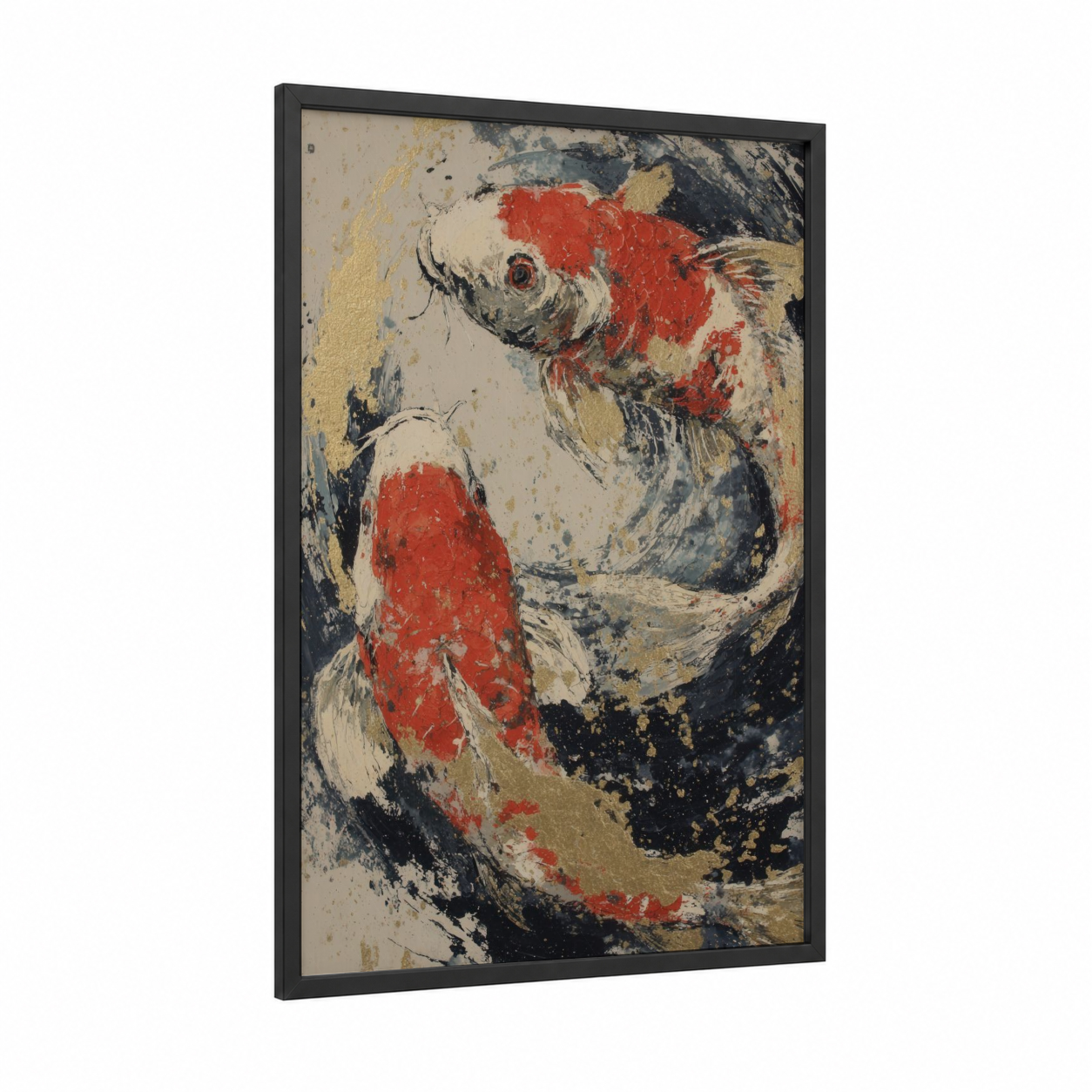Red Koi Majesty framed koi fish print — black wood frame — red and gold palette