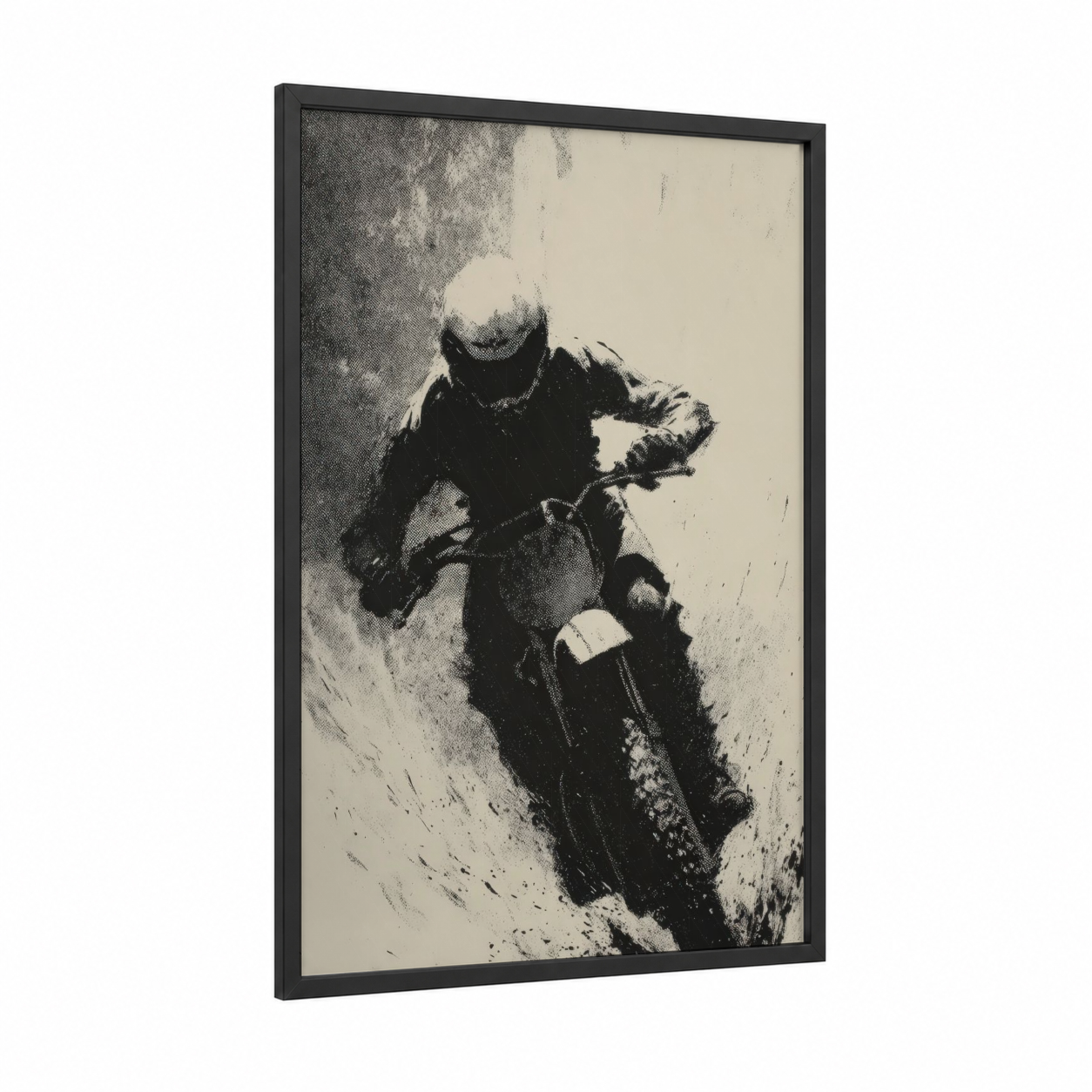 Desert Motocross framed art print — black wood frame — black and white palette