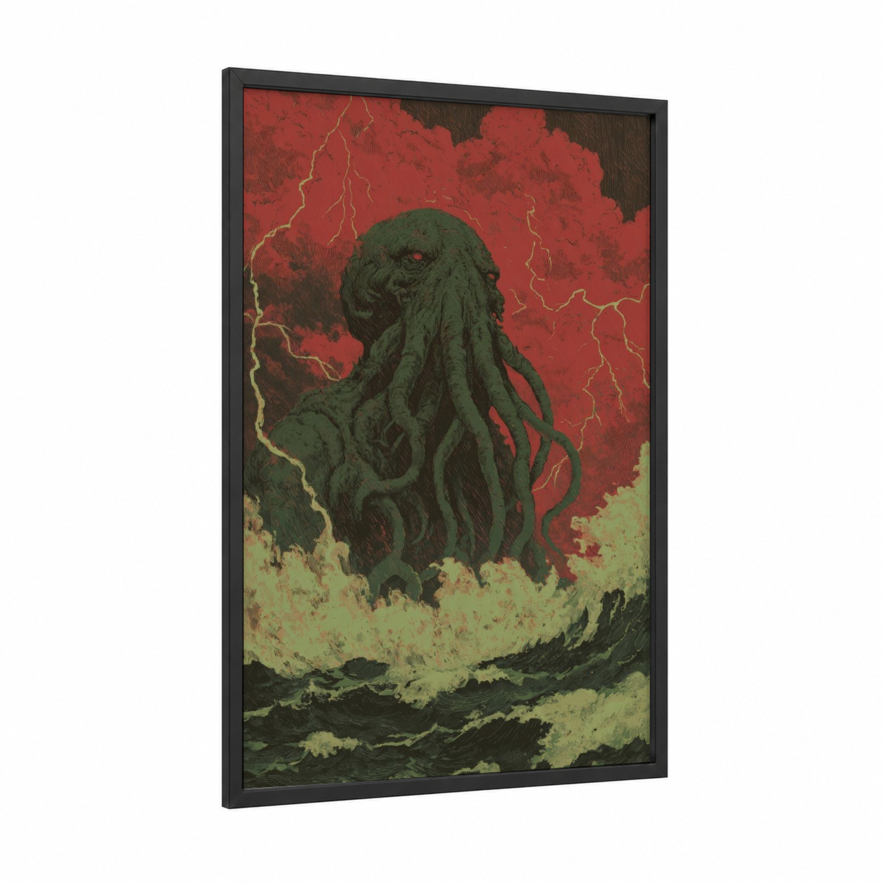 Stormy Cthulhu framed art print — black wood frame — red and dark green palette