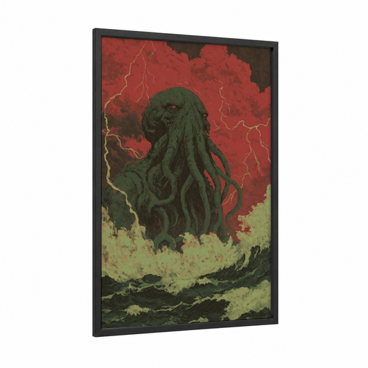 Stormy Cthulhu framed art print — black wood frame — red and dark green palette