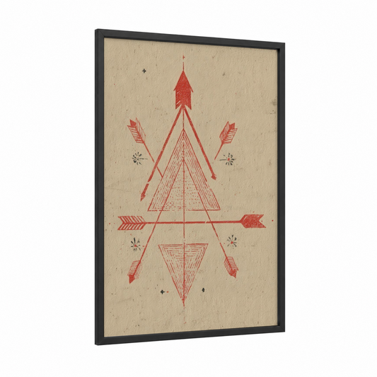 Sacred Archery framed art print — black wood frame — red and cream palette