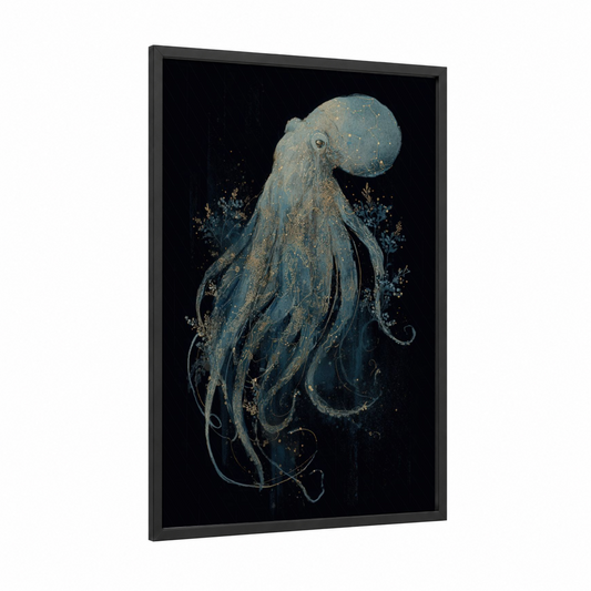 Ethereal Octopus framed art print — black wood frame — dark blue and gold and white palette
