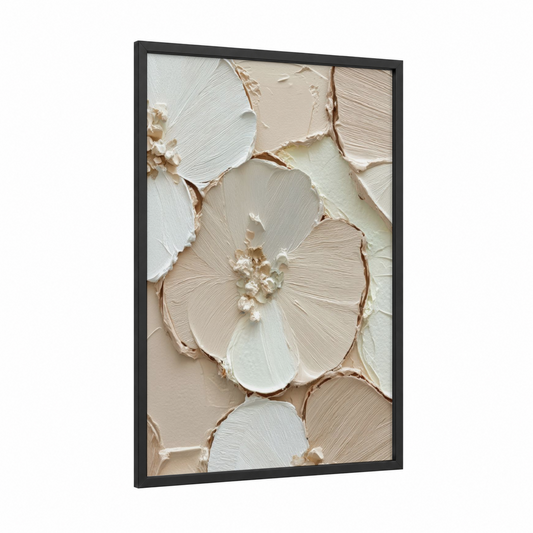 Textured Petals framed abstract minimalist print — black wood frame — cream and beige palette