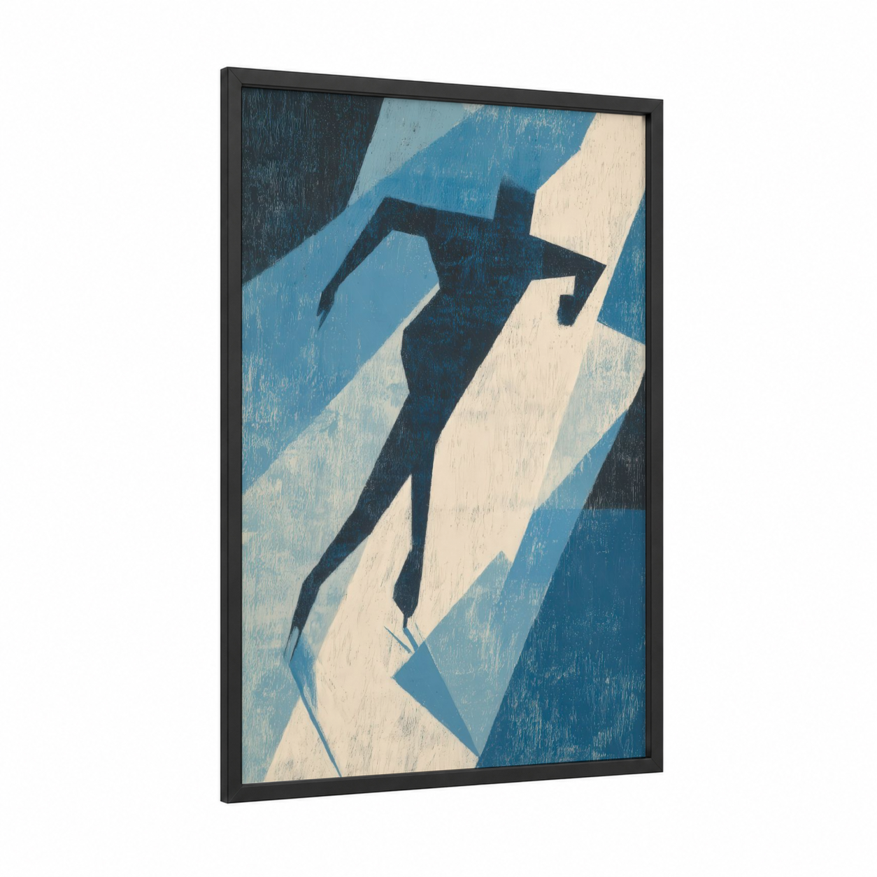Graceful Skater framed ice skating print — black wood frame — blue and cream palette
