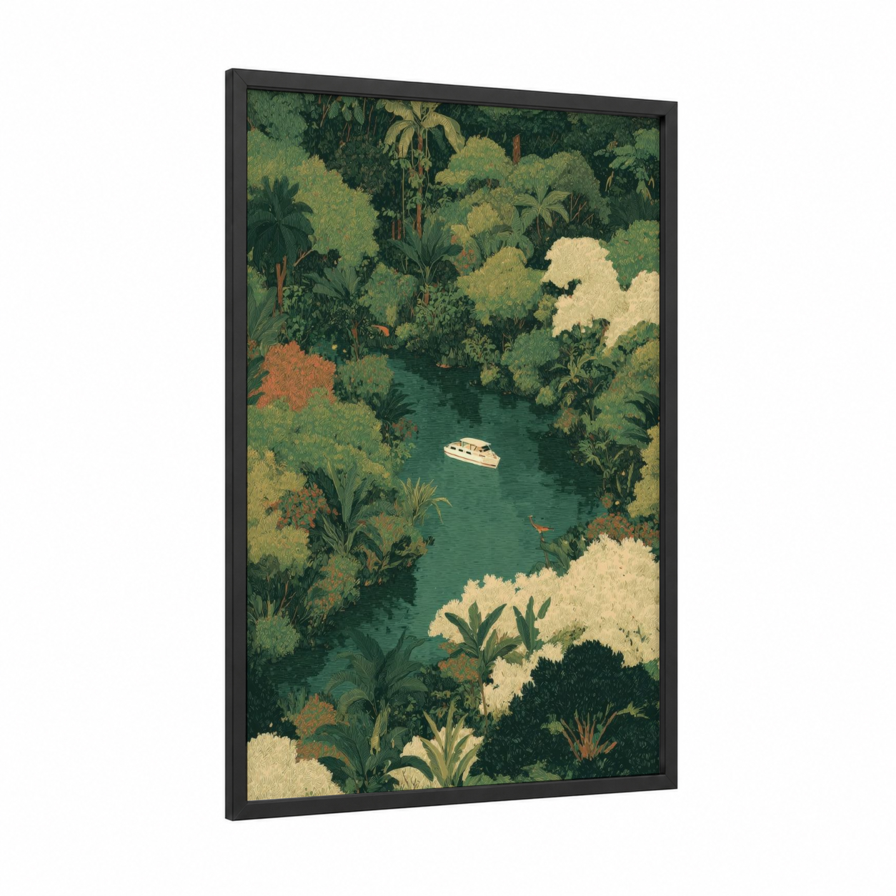 Jungle Waterway framed yacth print — black wood frame — true green and cream palette