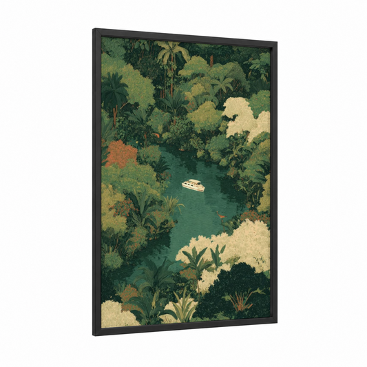 Jungle Waterway framed yacth print — black wood frame — true green and cream palette