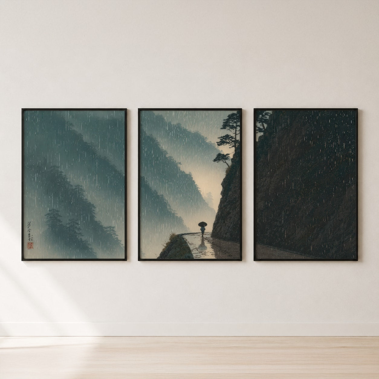 Misty Mountain Path Triptych Wall Art Set — set hero