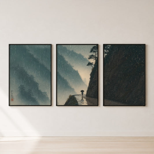 Misty Mountain Path Triptych Wall Art Set — set hero